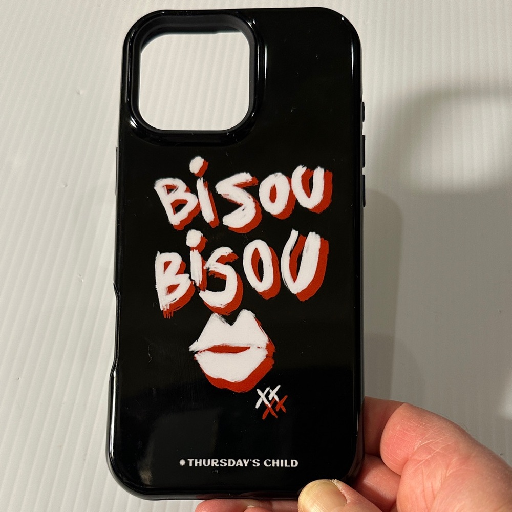 NWOT Thursday’s Child Black Phone Case with “Bisou Bisou” painting